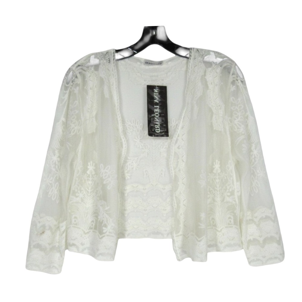 NWT NINA LEONARD Ivory FLORAL LACE/CROCHET Open Front CROPPED CARDIGAN SHRUG S